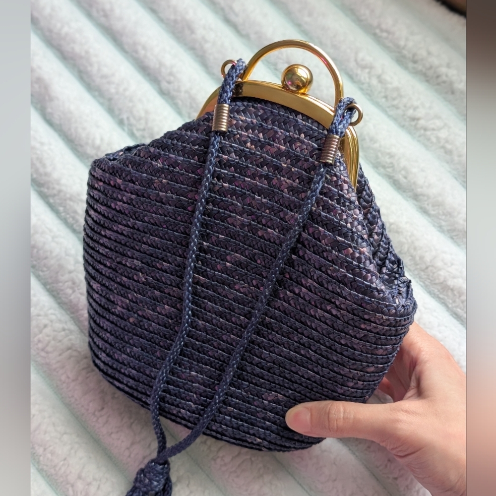 Vintage La Regale MCM 1960s Navy Blue Wicker & Raffia Evening Bag